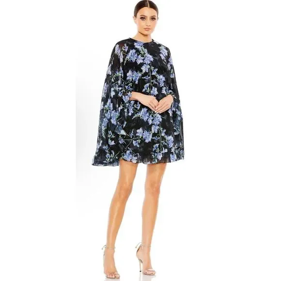 floral print high neck ruffle hem cape mini dress Mac Duggal Floral Print High Neck Ruffle Hem Cape Mini Dress